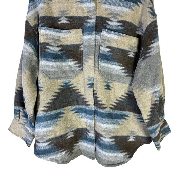 Outdoor Collection Aztec Fleece Shacket Mens L Beige Blue Button Front Western - Picture 4 of 7